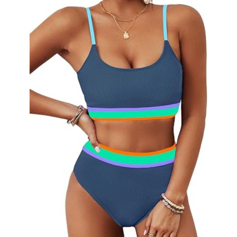Women's High Waisted Bikini Ribbed Two Piece Swimsuit High Cut Color Block L